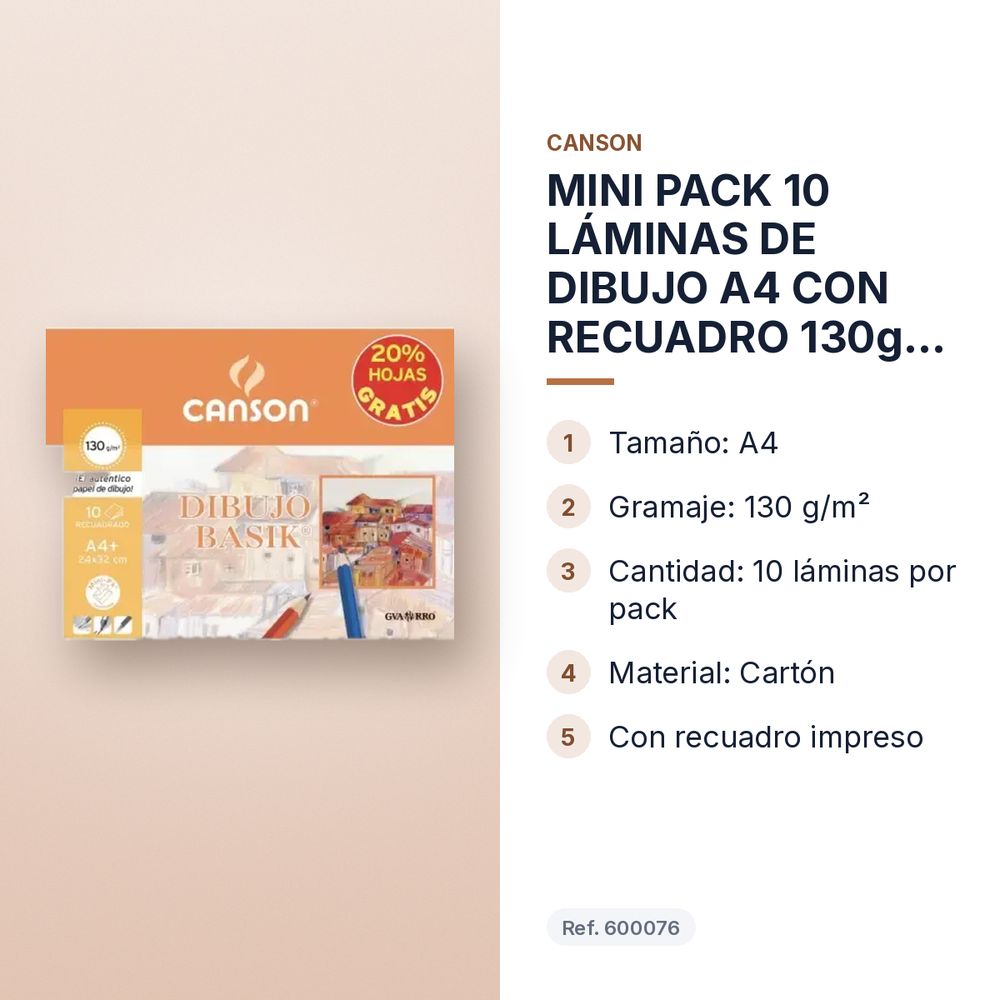 MINI PACK 10 LÁMINAS DE DIBUJO A4 CON RECUADRO 130g BASIK CANSON - características principales