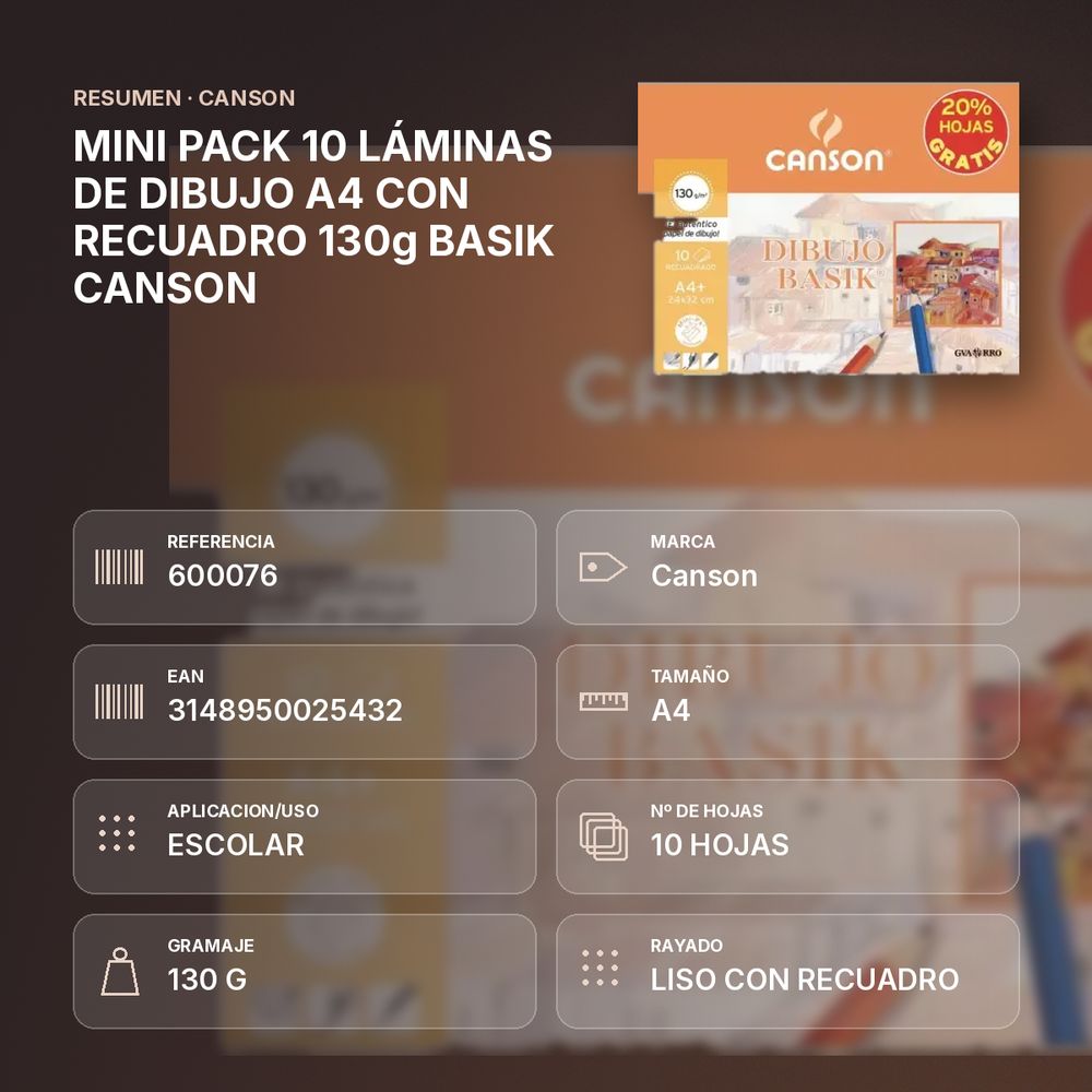 MINI PACK 10 LÁMINAS DE DIBUJO A4 CON RECUADRO 130g BASIK CANSON - resumen de atributos