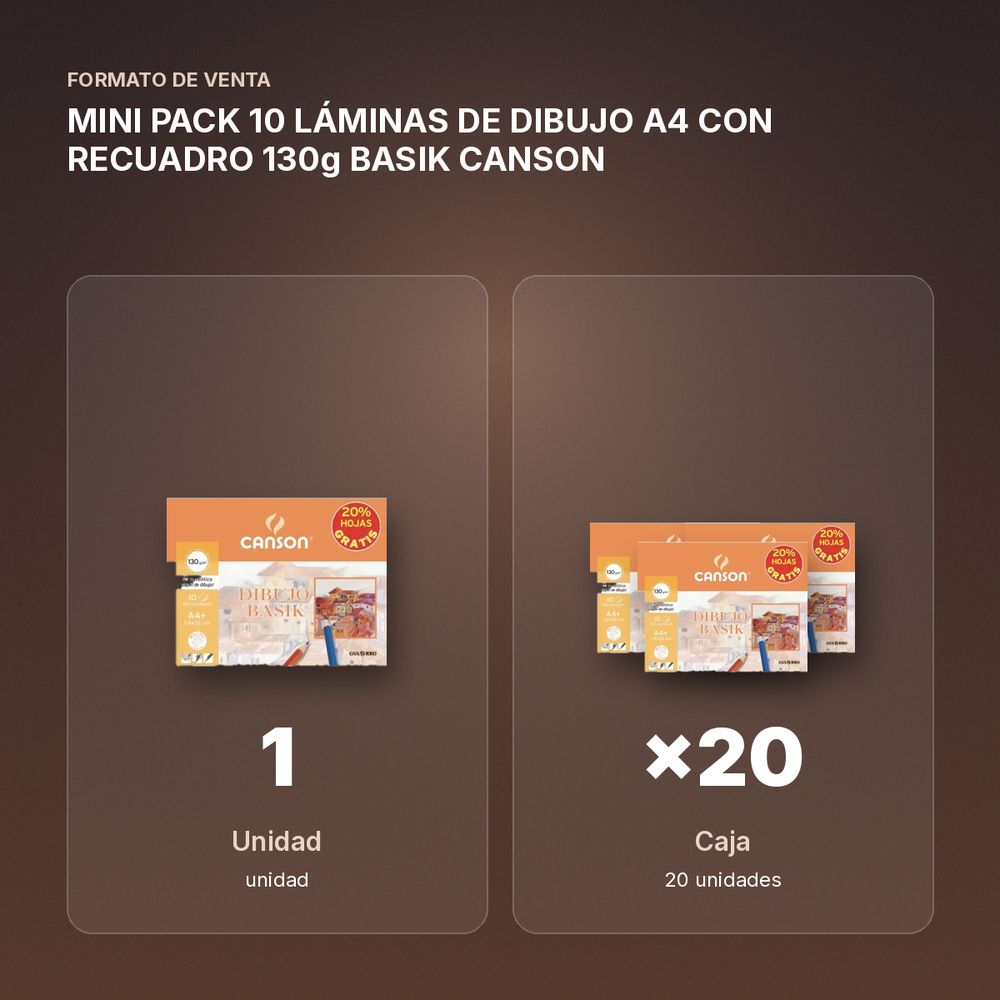 MINI PACK 10 LÁMINAS DE DIBUJO A4 CON RECUADRO 130g BASIK CANSON - formato de venta: caja de 20