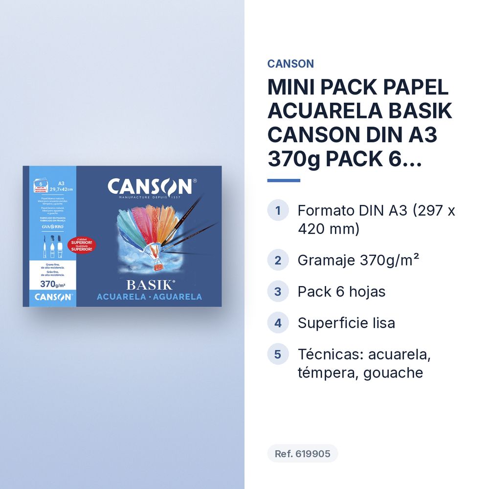 MINI PACK PAPEL ACUARELA BASIK CANSON DIN A3 370g PACK 6 HOJAS - características principales