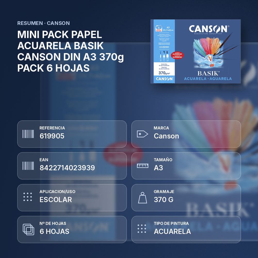 MINI PACK PAPEL ACUARELA BASIK CANSON DIN A3 370g PACK 6 HOJAS - resumen de atributos
