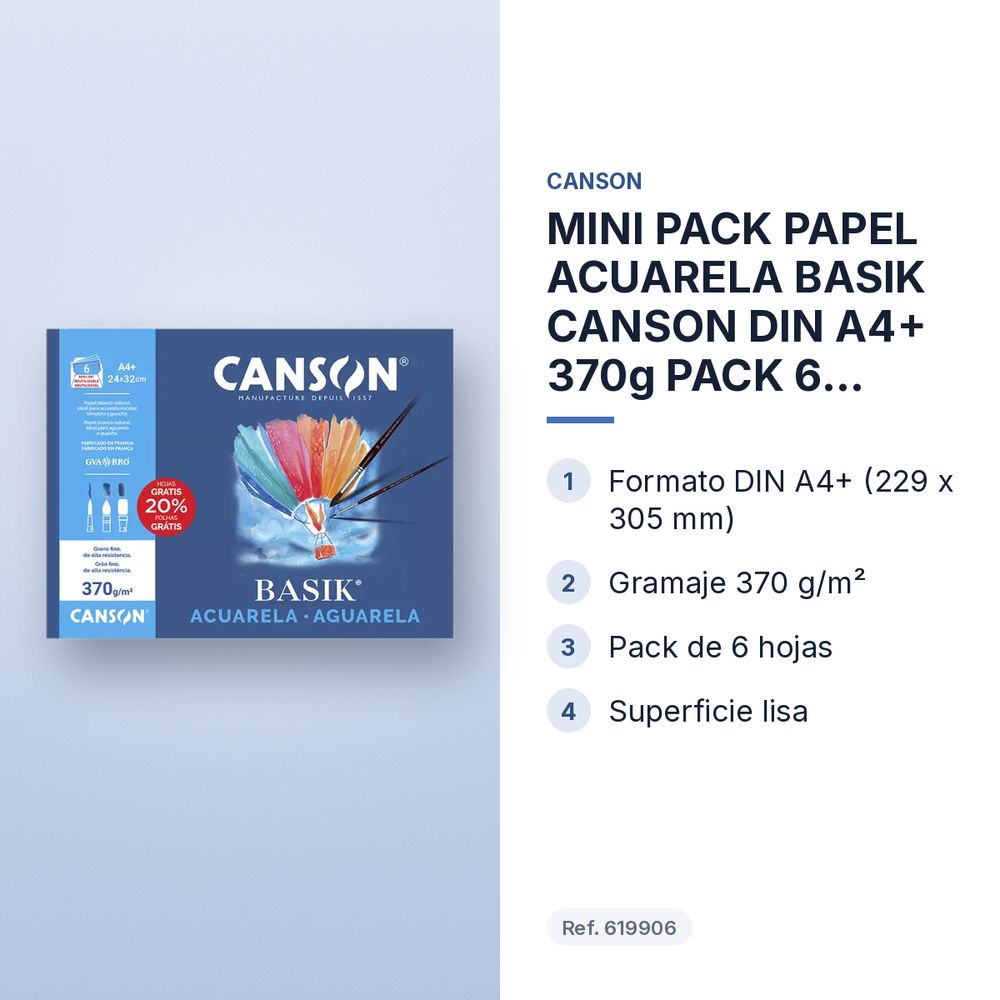 MINI PACK PAPEL ACUARELA BASIK CANSON DIN A4+ 370g PACK 6 HOJAS - características principales