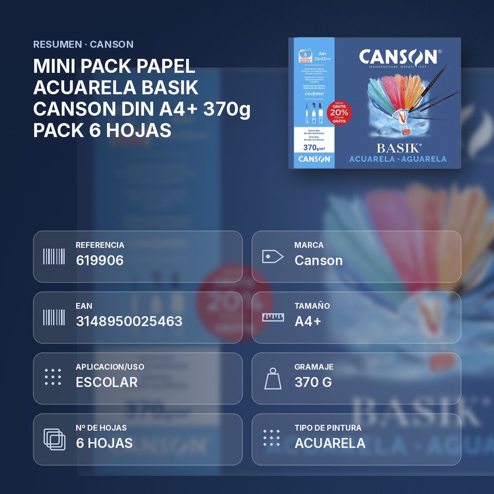 MINI PACK PAPEL ACUARELA BASIK CANSON DIN A4+ 370g PACK 6 HOJAS - resumen de atributos