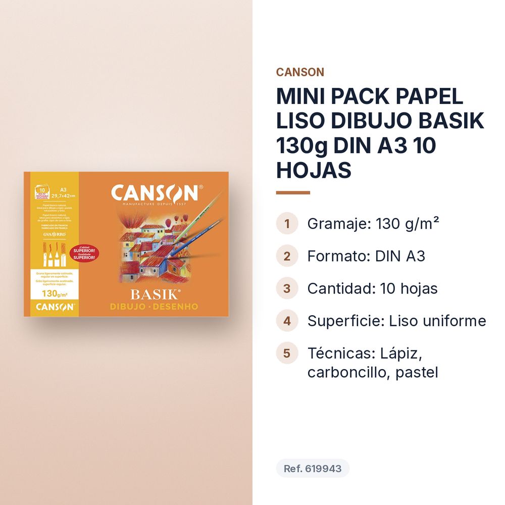 MINI PACK PAPEL LISO DIBUJO BASIK 130g DIN A3 10 HOJAS - características principales