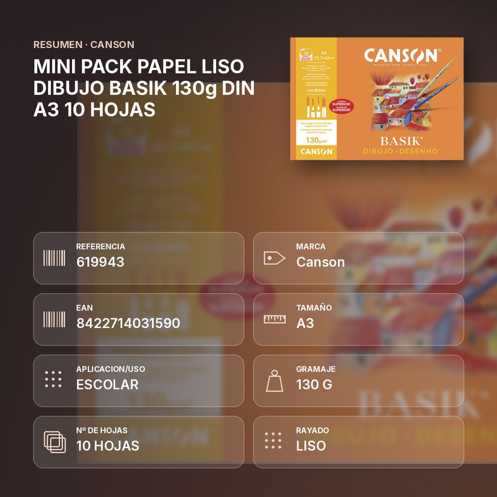 MINI PACK PAPEL LISO DIBUJO BASIK 130g DIN A3 10 HOJAS - resumen de atributos