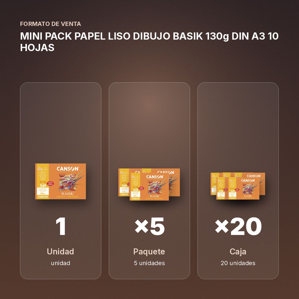 MINI PACK PAPEL LISO DIBUJO BASIK 130g DIN A3 10 HOJAS - formato de venta: paquete de 5, caja de 20