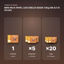 MINI PACK PAPEL LISO DIBUJO BASIK 130g DIN A3 10 HOJAS - formato de venta: paquete de 5, caja de 20