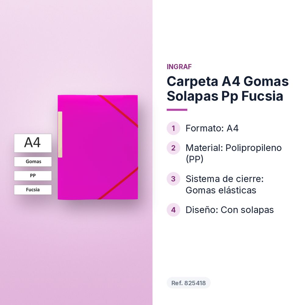 CARPETA A4 GOMAS SOLAPAS PP FUCSIA - características principales