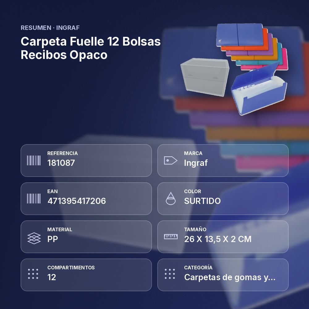 CARPETA FUELLE 12 BOLSAS RECIBOS OPACO  - resumen de atributos