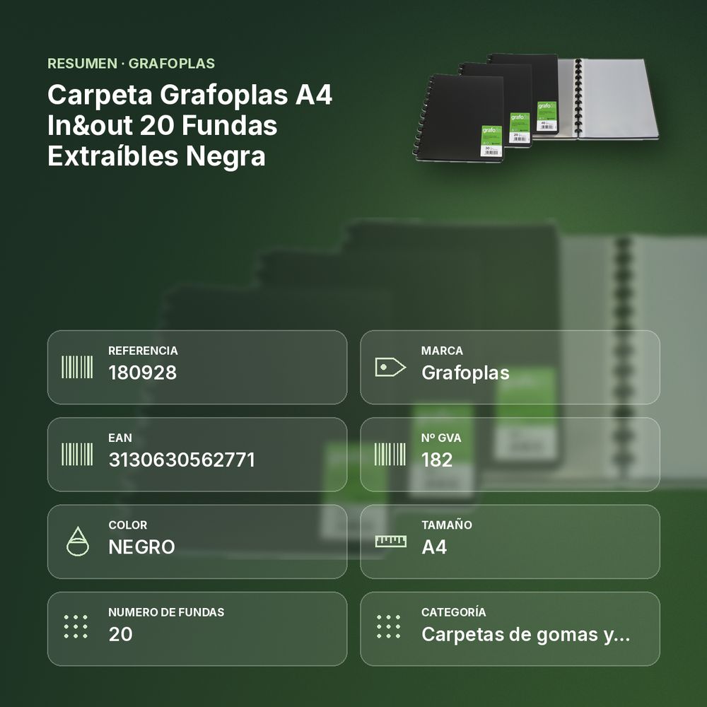 CARPETA GRAFOPLAS A4 IN&OUT 20 FUNDAS EXTRAÍBLES NEGRA - resumen de atributos