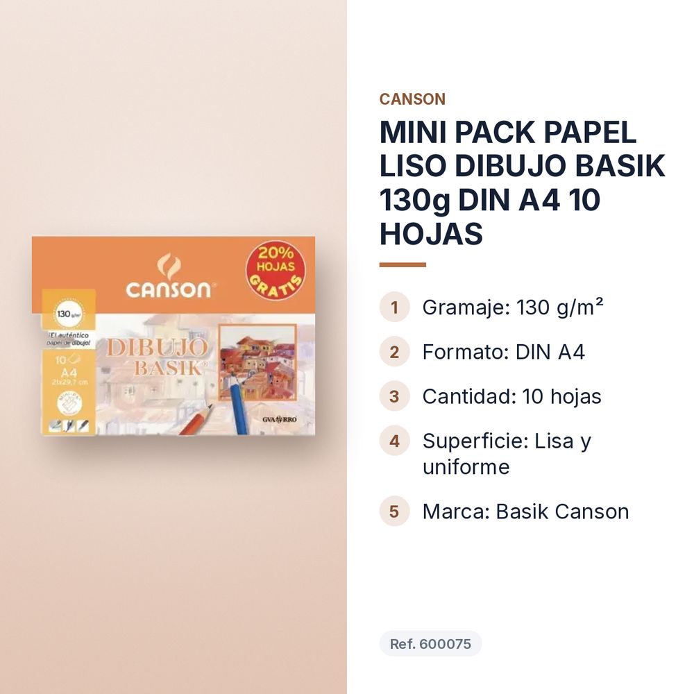 MINI PACK PAPEL LISO DIBUJO BASIK 130g DIN A4 10 HOJAS - características principales