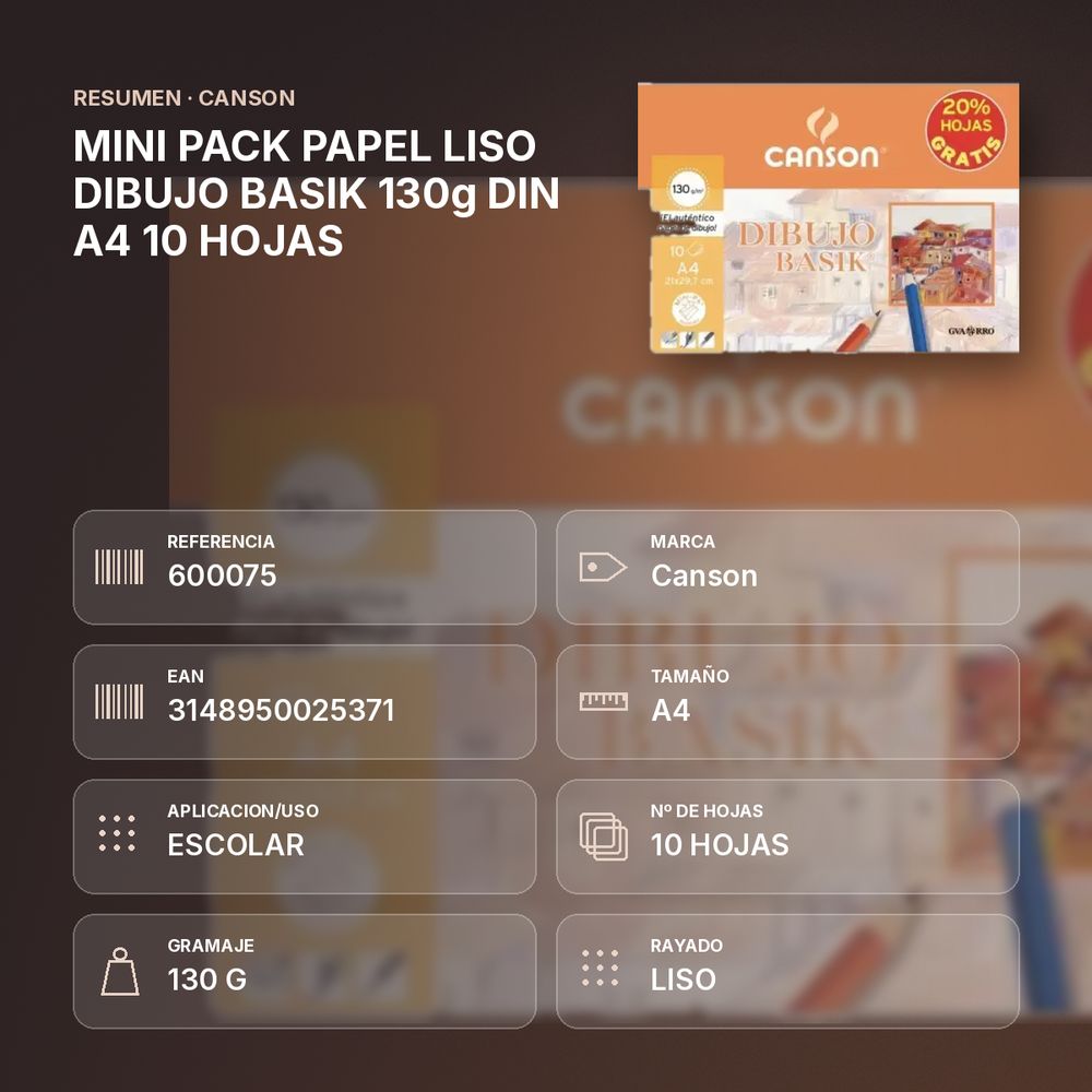 MINI PACK PAPEL LISO DIBUJO BASIK 130g DIN A4 10 HOJAS - resumen de atributos