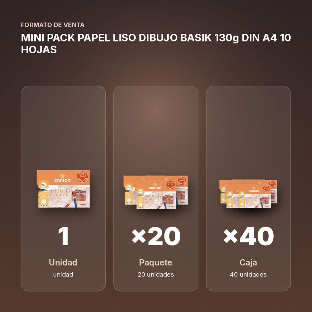 MINI PACK PAPEL LISO DIBUJO BASIK 130g DIN A4 10 HOJAS - formato de venta: paquete de 20, caja de 40