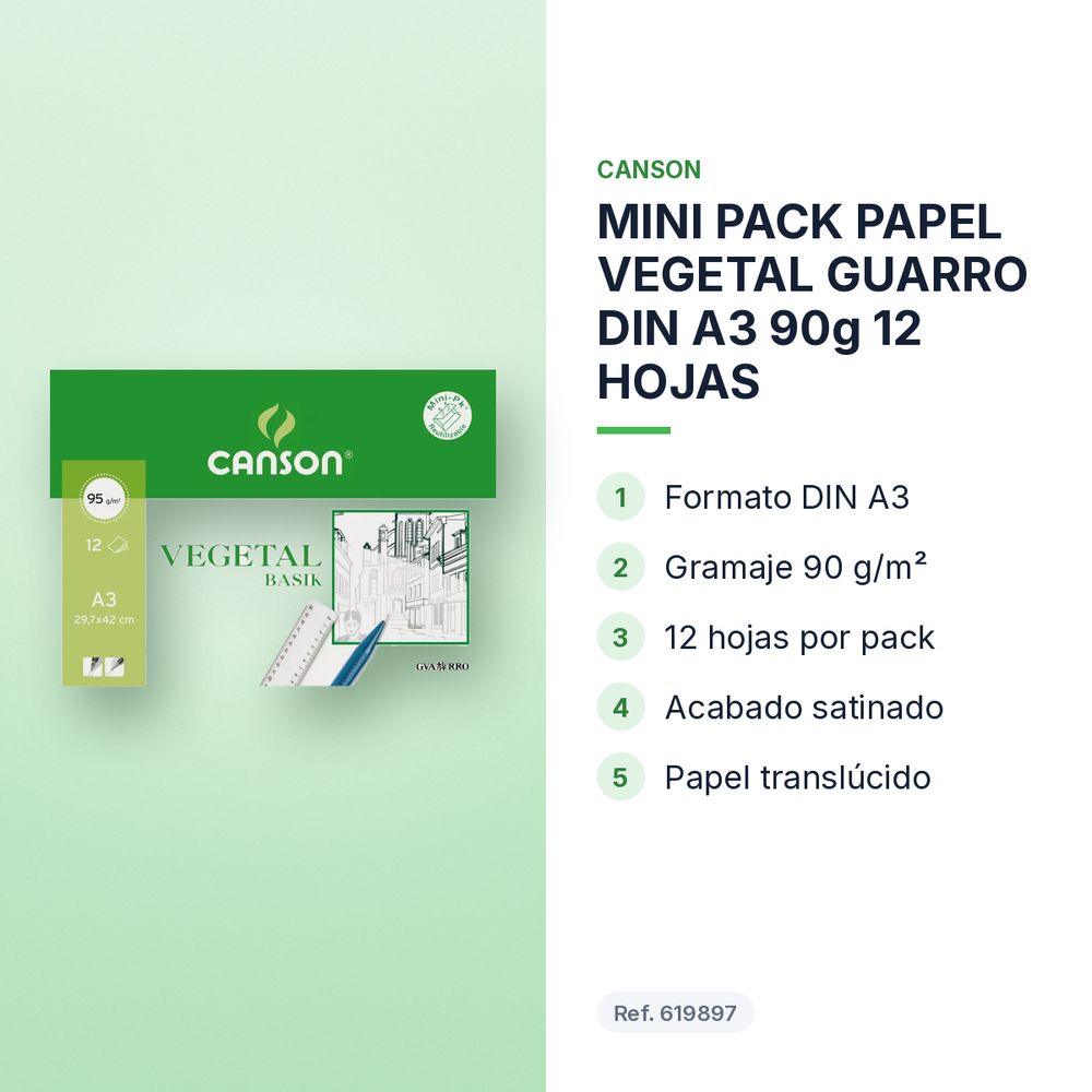 MINI PACK PAPEL VEGETAL GUARRO DIN A3 90g 12 HOJAS - características principales