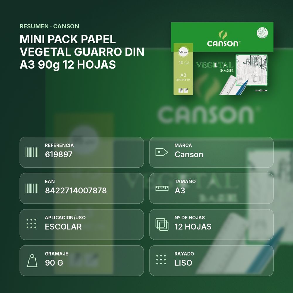 MINI PACK PAPEL VEGETAL GUARRO DIN A3 90g 12 HOJAS - resumen de atributos