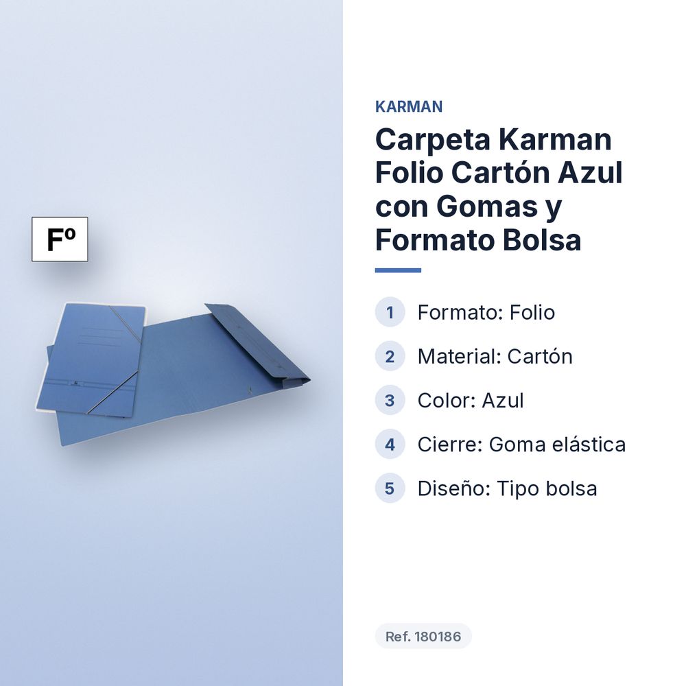 CARPETA KARMAN FOLIO CARTÓN AZUL CON GOMAS Y FORMATO BOLSA - características principales