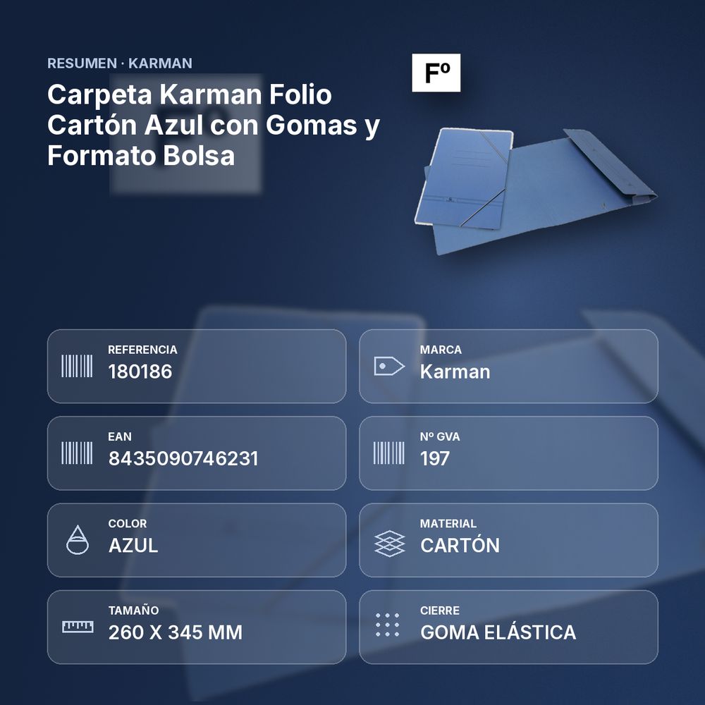 CARPETA KARMAN FOLIO CARTÓN AZUL CON GOMAS Y FORMATO BOLSA - resumen de atributos