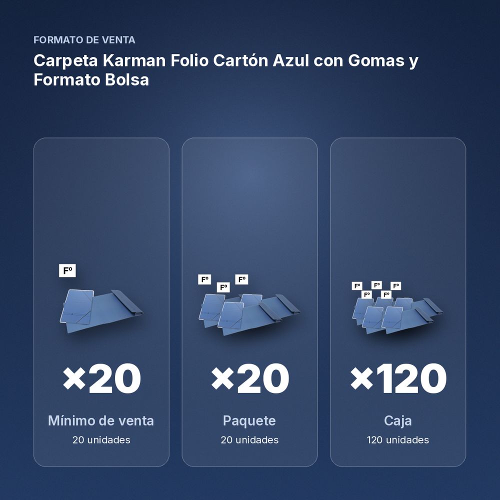 CARPETA KARMAN FOLIO CARTÓN AZUL CON GOMAS Y FORMATO BOLSA - formato de venta: paquete de 20, caja de 120