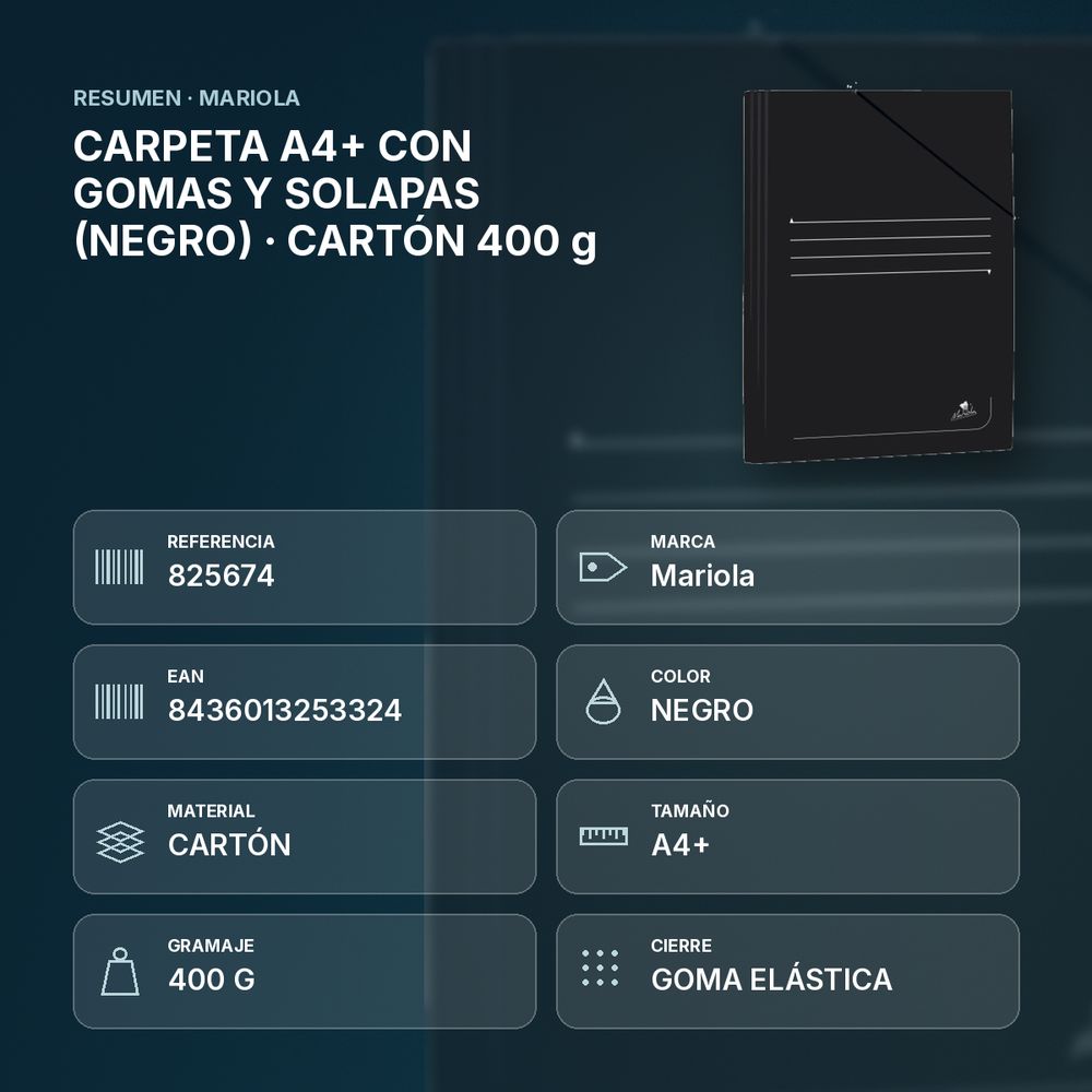 CARPETA A4+ CON GOMAS Y SOLAPAS (NEGRO) · CARTÓN 400 g  - resumen de atributos