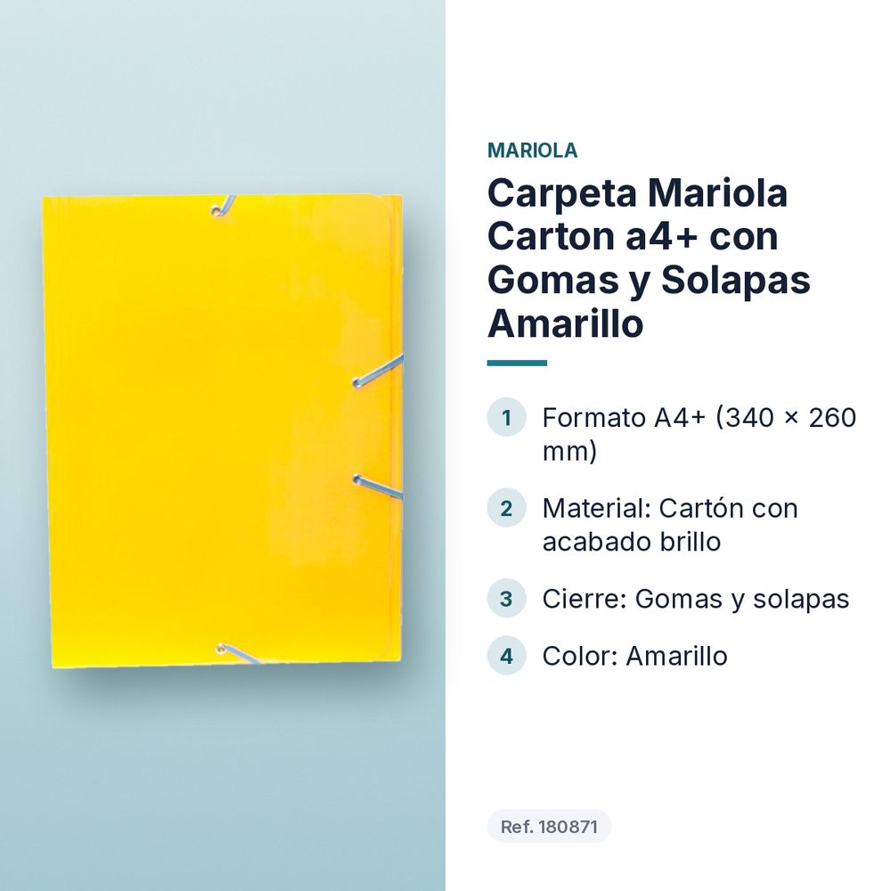 CARPETA MARIOLA CARTON A4+ CON GOMAS Y SOLAPAS AMARILLO  - características principales