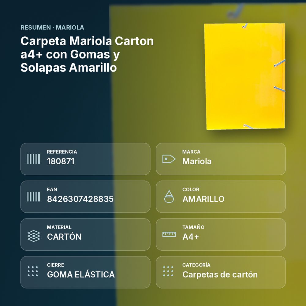 CARPETA MARIOLA CARTON A4+ CON GOMAS Y SOLAPAS AMARILLO  - resumen de atributos