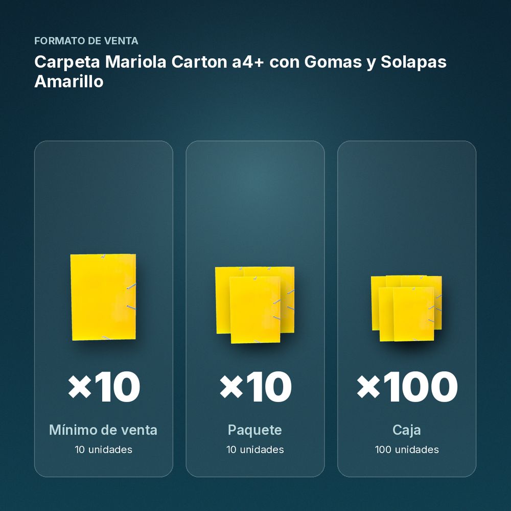 CARPETA MARIOLA CARTON A4+ CON GOMAS Y SOLAPAS AMARILLO  - formato de venta: paquete de 10, caja de 100