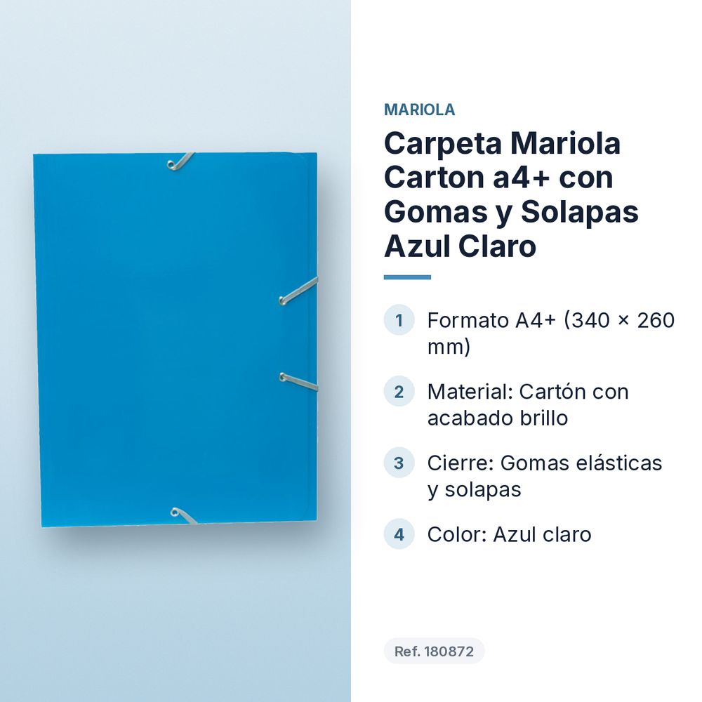 CARPETA MARIOLA CARTON A4+ CON GOMAS Y SOLAPAS AZUL CLARO - características principales