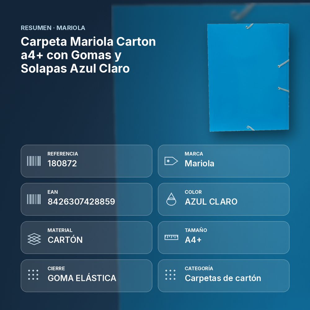 CARPETA MARIOLA CARTON A4+ CON GOMAS Y SOLAPAS AZUL CLARO - resumen de atributos