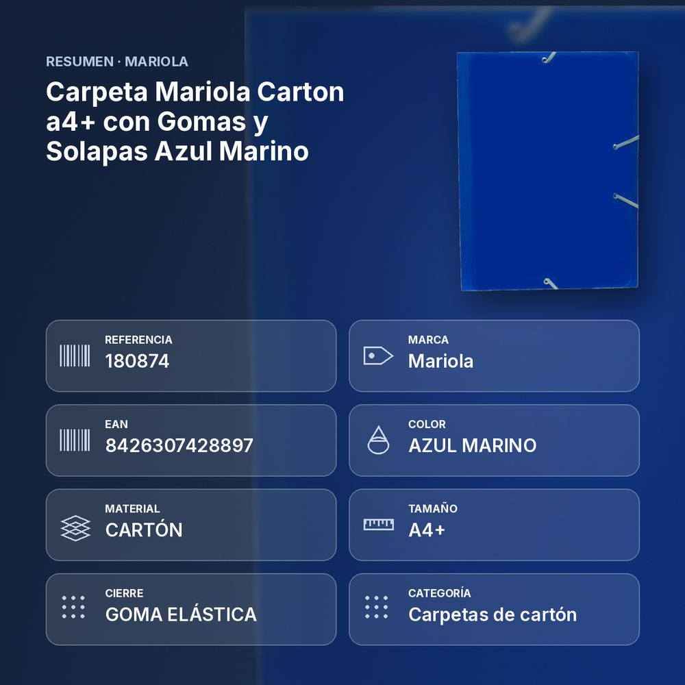 CARPETA MARIOLA CARTON A4+ CON GOMAS Y SOLAPAS AZUL MARINO - resumen de atributos