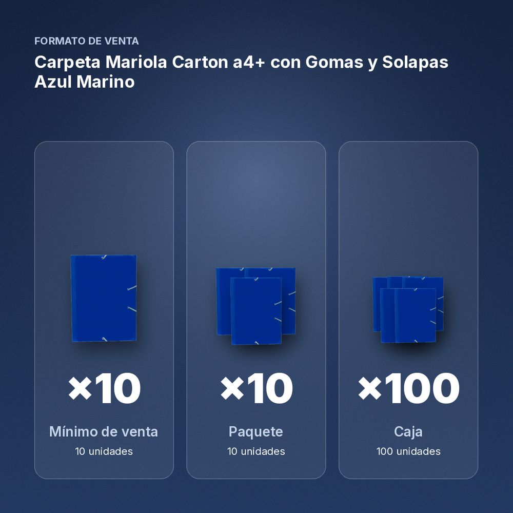 CARPETA MARIOLA CARTON A4+ CON GOMAS Y SOLAPAS AZUL MARINO - formato de venta: paquete de 10, caja de 100