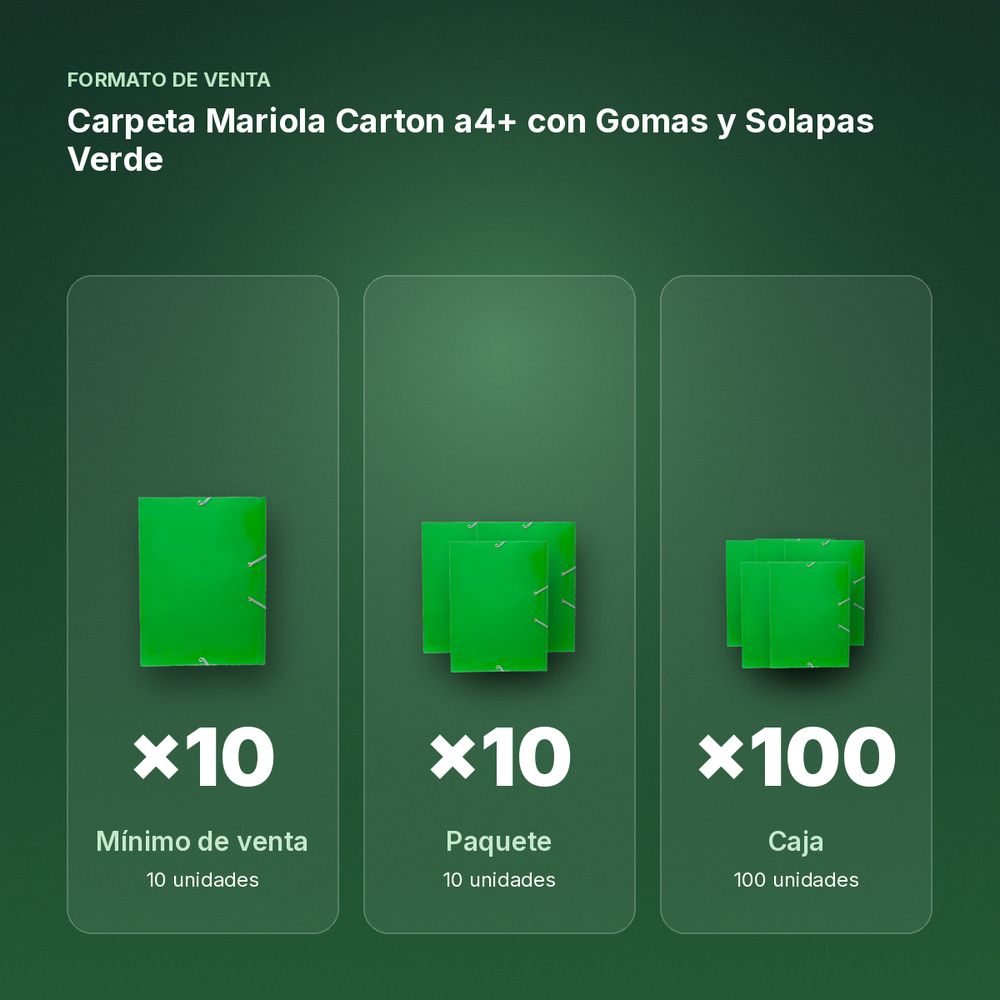 CARPETA MARIOLA CARTON A4+ CON GOMAS Y SOLAPAS VERDE - formato de venta: paquete de 10, caja de 100