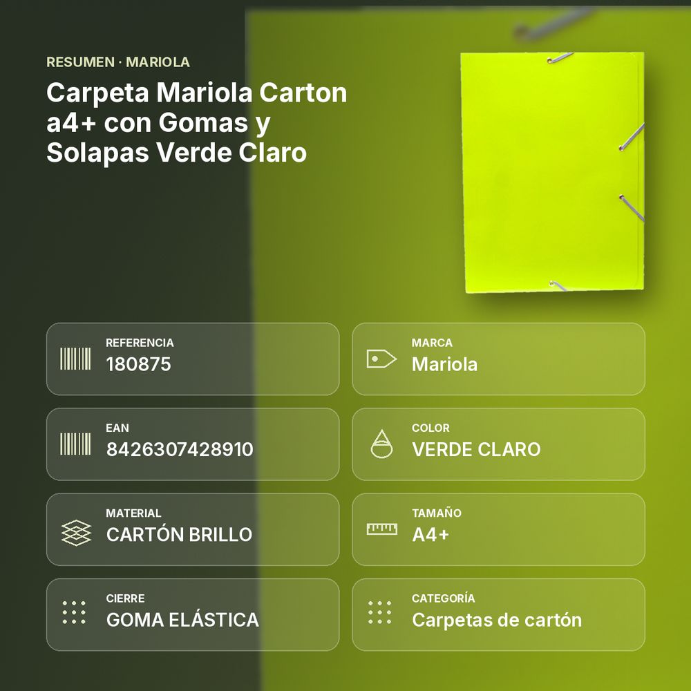 CARPETA MARIOLA CARTON A4+ CON GOMAS Y SOLAPAS VERDE CLARO - resumen de atributos