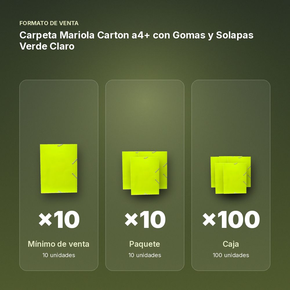 CARPETA MARIOLA CARTON A4+ CON GOMAS Y SOLAPAS VERDE CLARO - formato de venta: paquete de 10, caja de 100