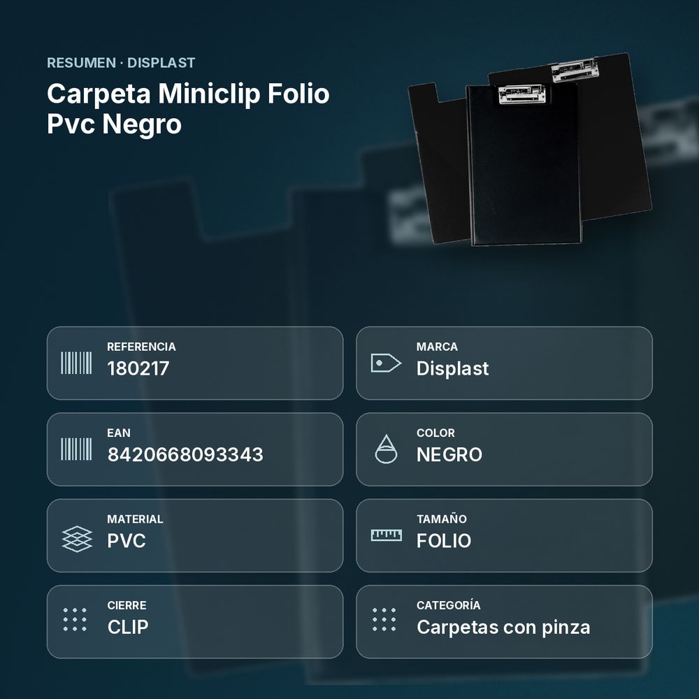 CARPETA MINICLIP FOLIO PVC NEGRO - resumen de atributos