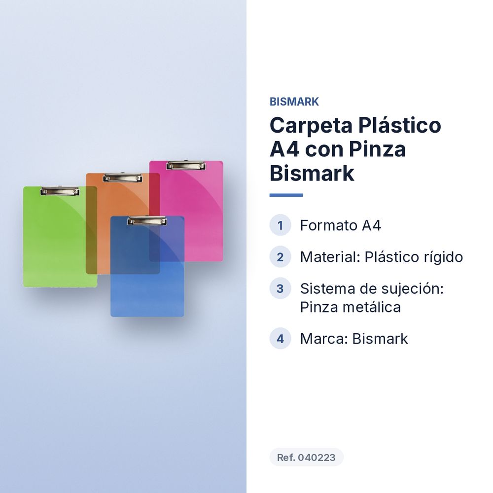 CARPETA PLÁSTICO A4 CON PINZA BISMARK - características principales