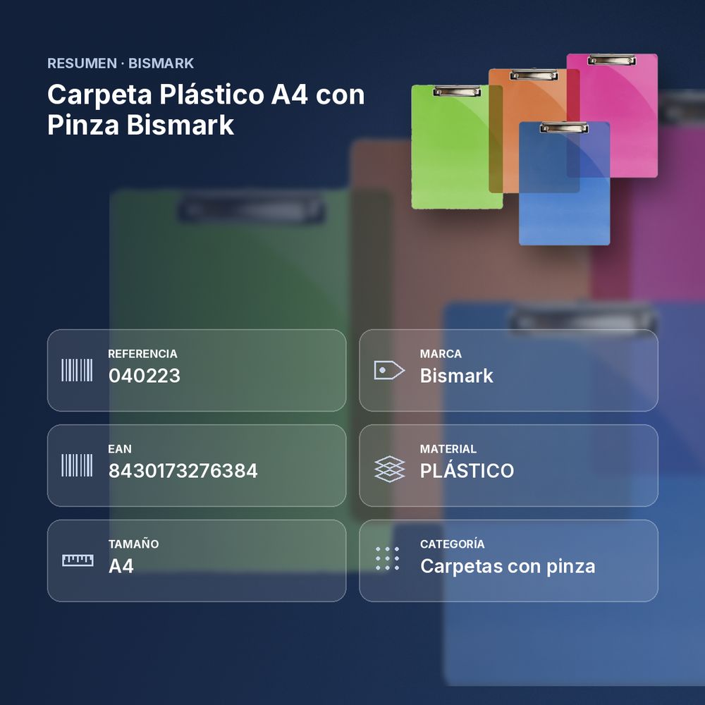 CARPETA PLÁSTICO A4 CON PINZA BISMARK - resumen de atributos