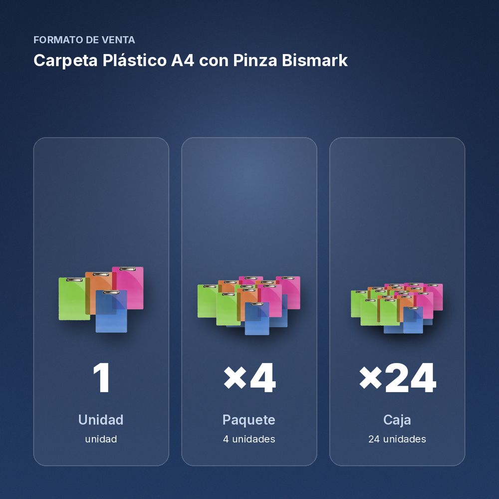 CARPETA PLÁSTICO A4 CON PINZA BISMARK - formato de venta: paquete de 4, caja de 24