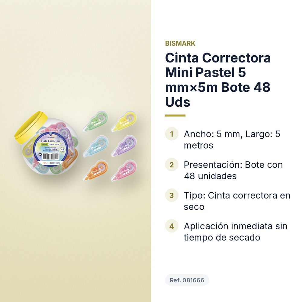 CINTA CORRECTORA MINI PASTEL 5 MM×5M BOTE 48 UDS - características principales