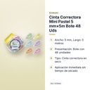 CINTA CORRECTORA MINI PASTEL 5 MM×5M BOTE 48 UDS - características principales
