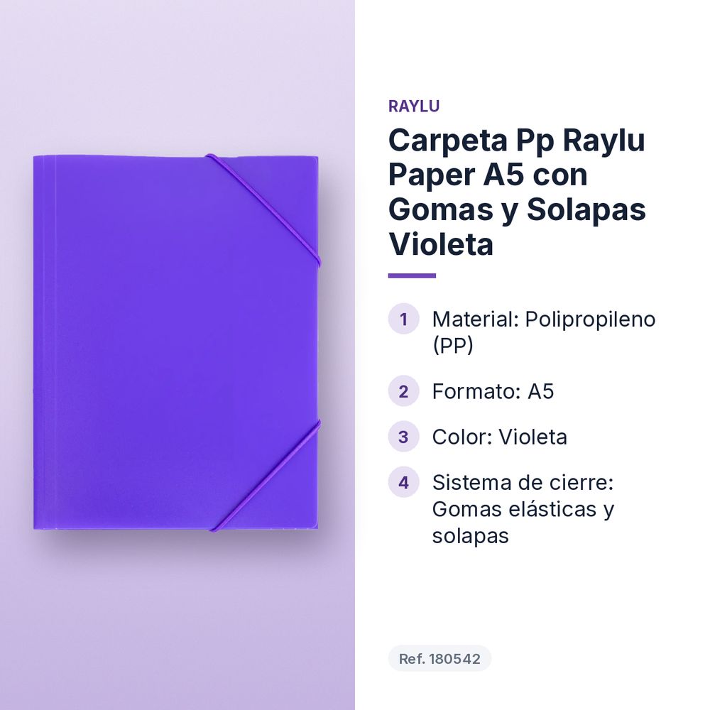 CARPETA PP RAYLU PAPER A5 CON GOMAS Y SOLAPAS VIOLETA  - características principales