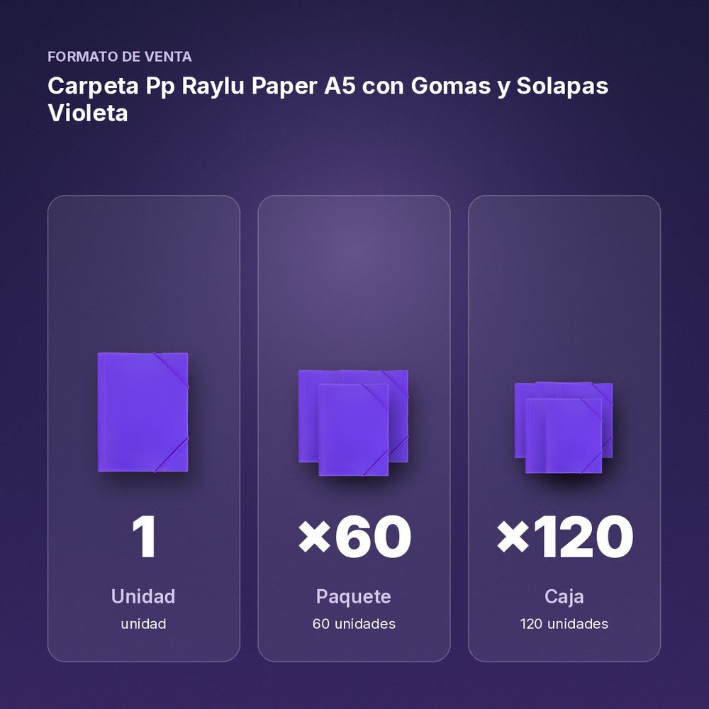 CARPETA PP RAYLU PAPER A5 CON GOMAS Y SOLAPAS VIOLETA  - formato de venta: paquete de 60, caja de 120