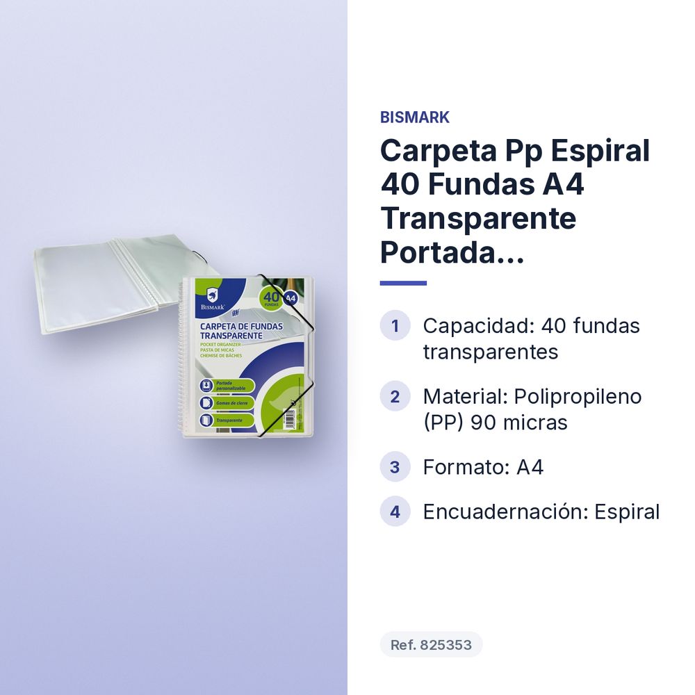 CARPETA PP ESPIRAL 40 FUNDAS A4 TRANSPARENTE PORTADA PERSONALIZABLE - características principales
