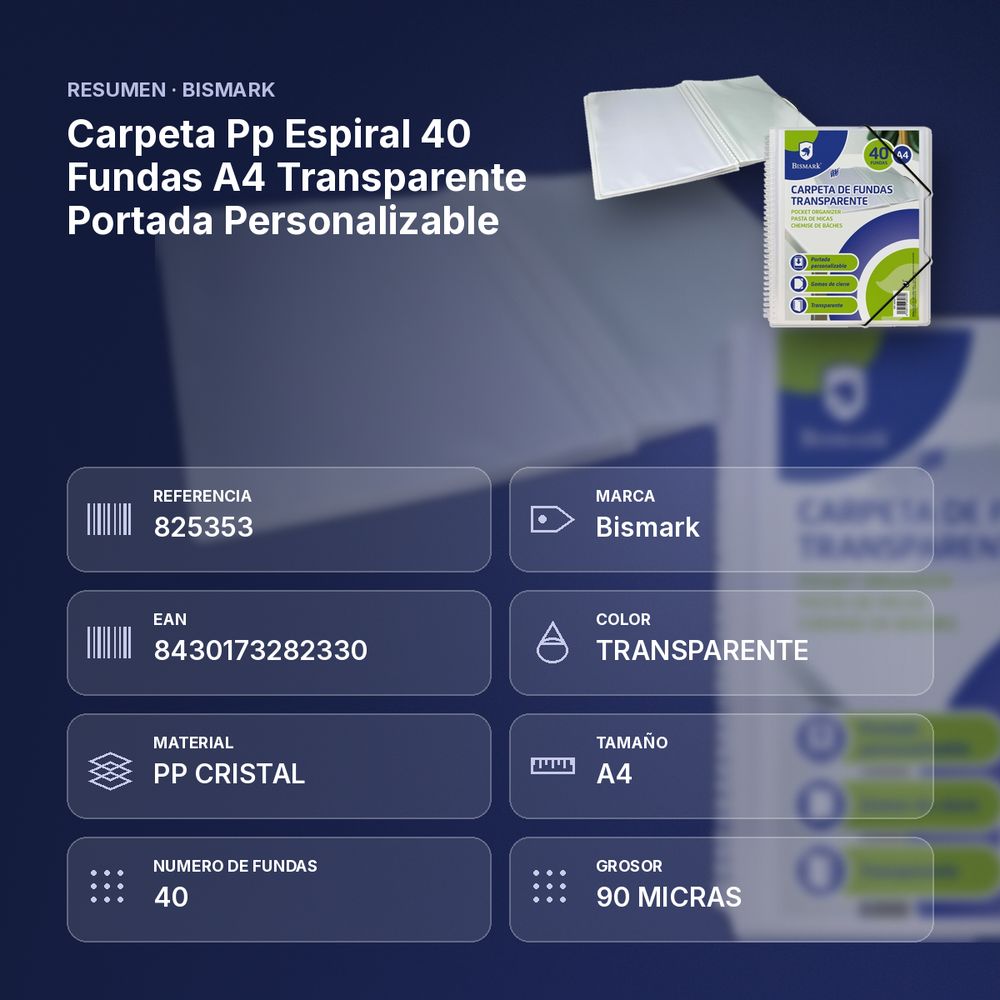 CARPETA PP ESPIRAL 40 FUNDAS A4 TRANSPARENTE PORTADA PERSONALIZABLE - resumen de atributos