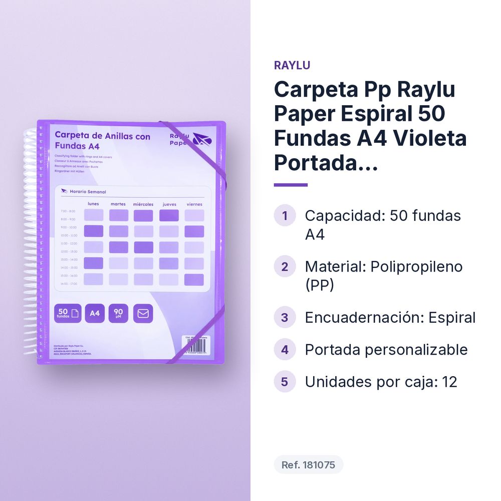 CARPETA PP RAYLU PAPER ESPIRAL 50 FUNDAS A4 VIOLETA PORTADA PERSONALIZABLE - características principales