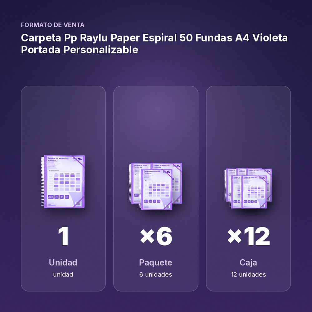 CARPETA PP RAYLU PAPER ESPIRAL 50 FUNDAS A4 VIOLETA PORTADA PERSONALIZABLE - formato de venta: paquete de 6, caja de 12