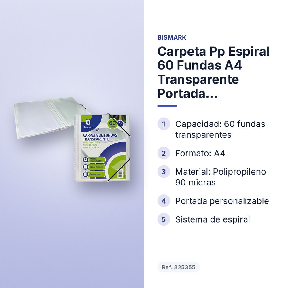 CARPETA PP ESPIRAL 60 FUNDAS A4 TRANSPARENTE PORTADA PERSONALIZABLE - características principales