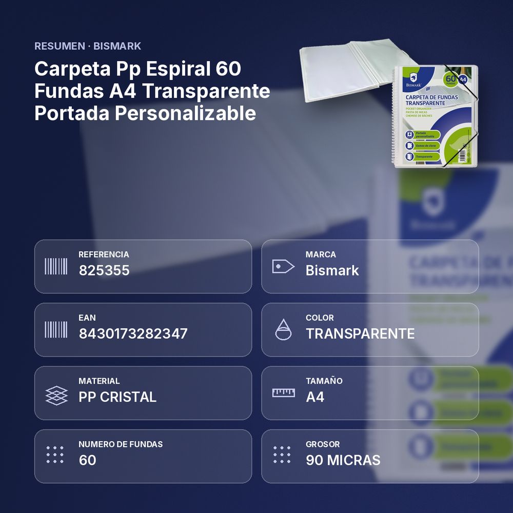 CARPETA PP ESPIRAL 60 FUNDAS A4 TRANSPARENTE PORTADA PERSONALIZABLE - resumen de atributos