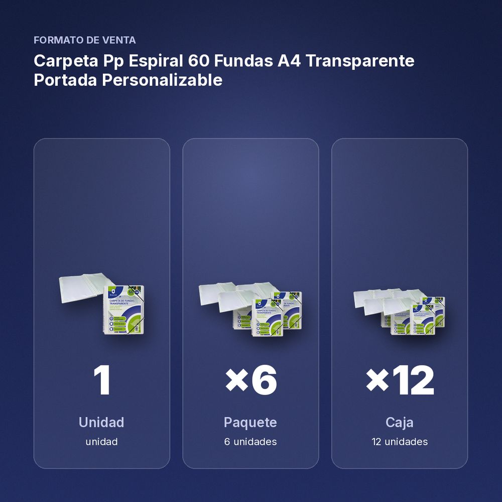 CARPETA PP ESPIRAL 60 FUNDAS A4 TRANSPARENTE PORTADA PERSONALIZABLE - formato de venta: paquete de 6, caja de 12