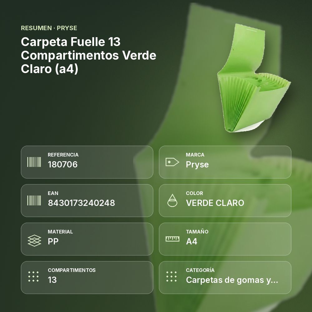 CARPETA FUELLE 13 COMPARTIMENTOS VERDE CLARO (A4) - resumen de atributos