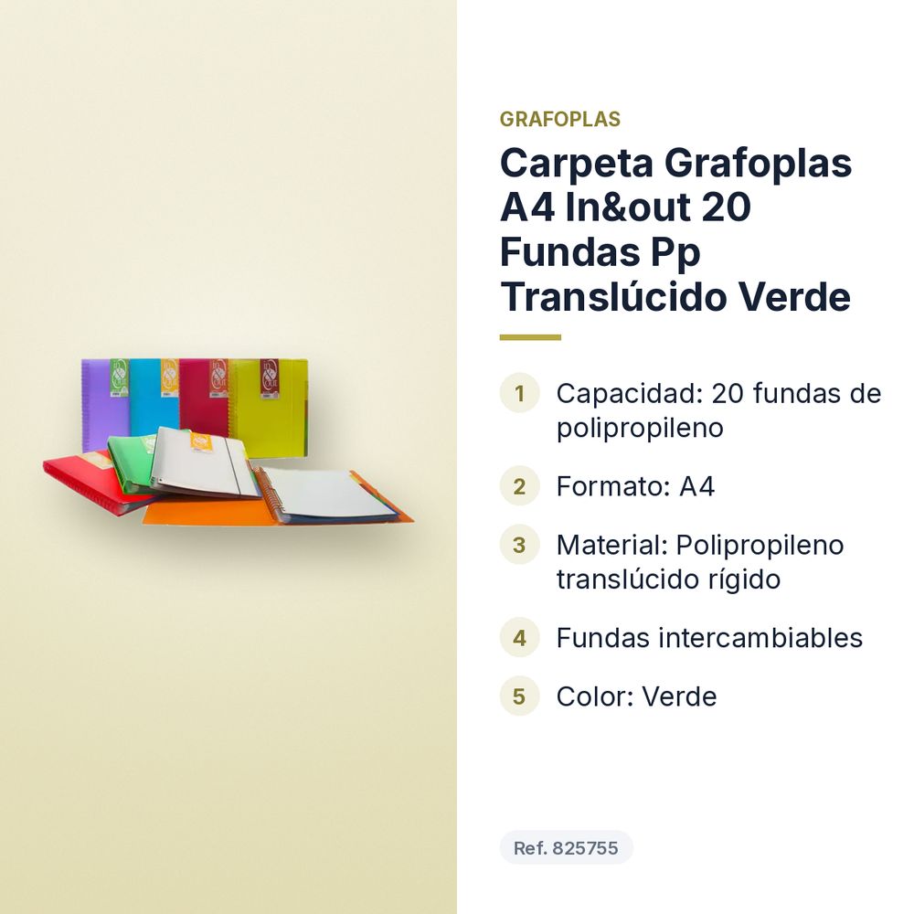 CARPETA GRAFOPLAS A4 IN&OUT 20 FUNDAS PP TRANSLÚCIDO VERDE - características principales